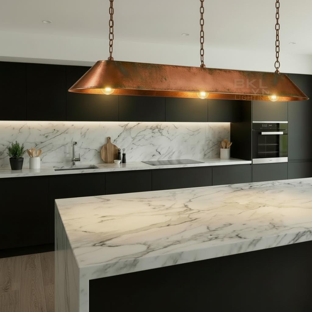Personalized Linear Pendant Light Patinated Copper | Rustic Modern Bar Lighting | Handmade Ceiling Fixture for Kitchen + Canopy - BRASSDORIA