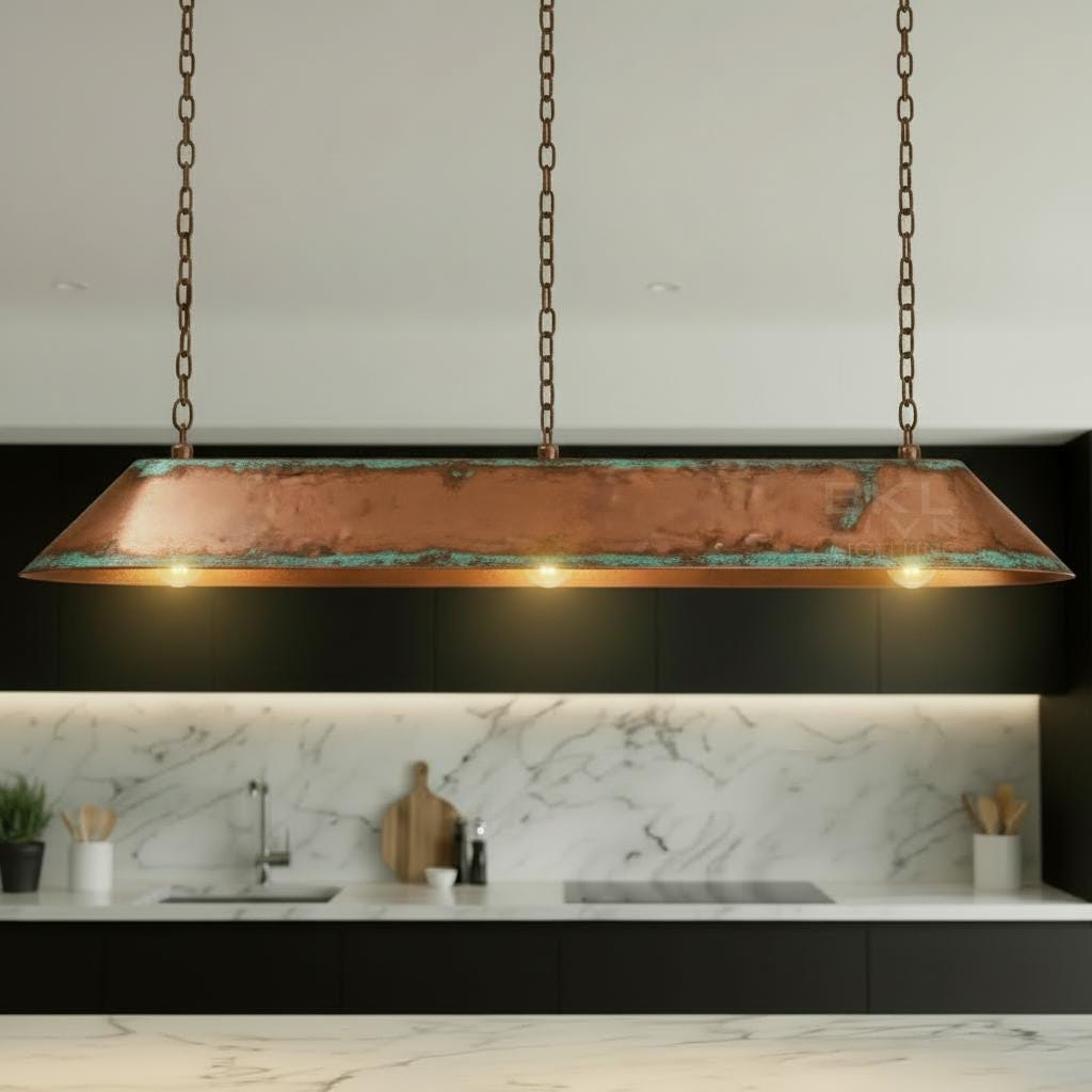 Personalized Linear Pendant Light Patinated Copper | Rustic Modern Bar Lighting | Handmade Ceiling Fixture for Kitchen + Canopy - BRASSDORIA