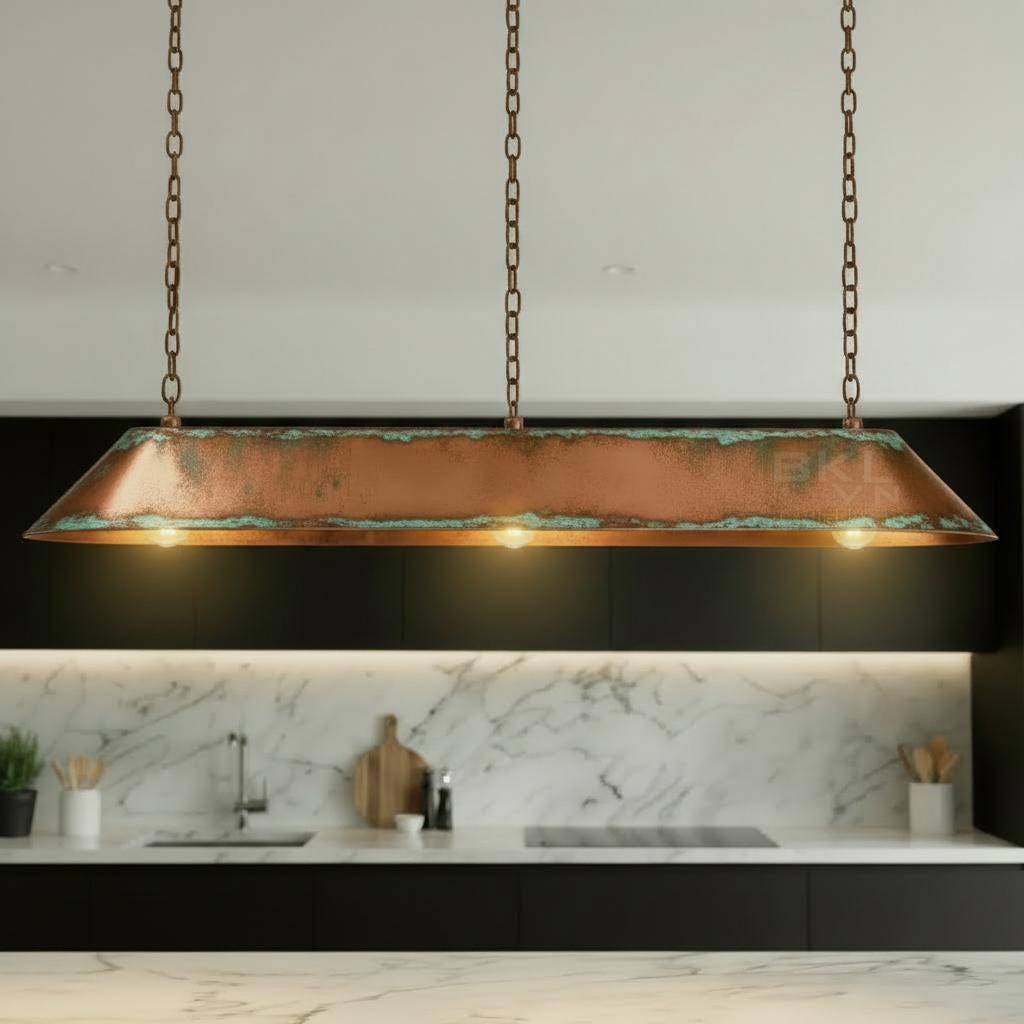 Personalized Linear Pendant Light Patinated Copper | Rustic Modern Bar Lighting | Handmade Ceiling Fixture for Kitchen + Canopy - BRASSDORIA