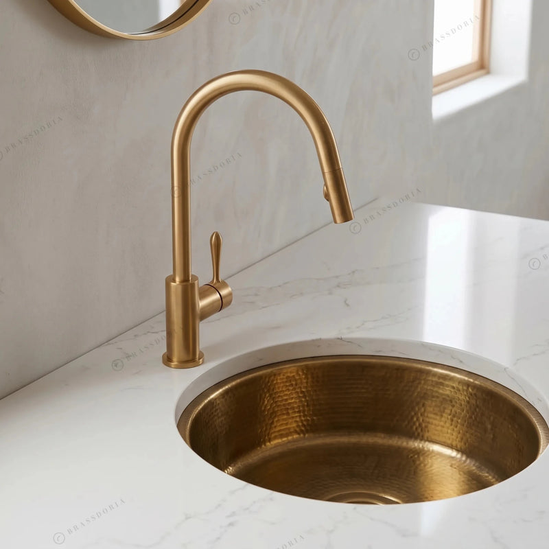 Round Aged Brass Bar Sink – Kitchen Wet Area Hammered Prep Basin - BRASSDORIA