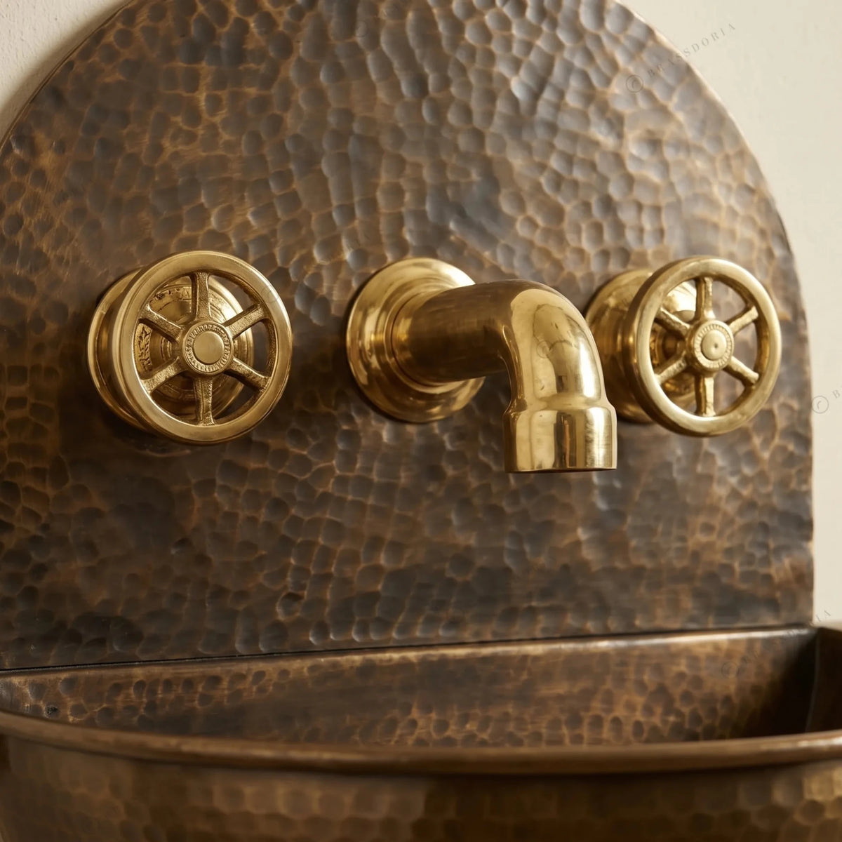 Rustic Brass Wall Hung Sink with Traditional Faucet Set – Handmade Hammered Brass Basin - BRASSDORIA