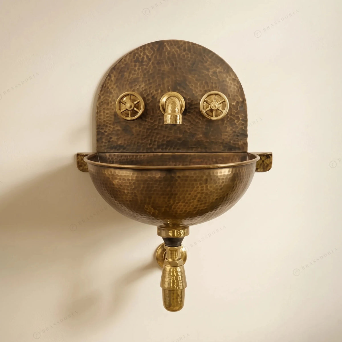 Rustic Brass Wall Hung Sink with Traditional Faucet Set – Handmade Hammered Brass Basin - BRASSDORIA