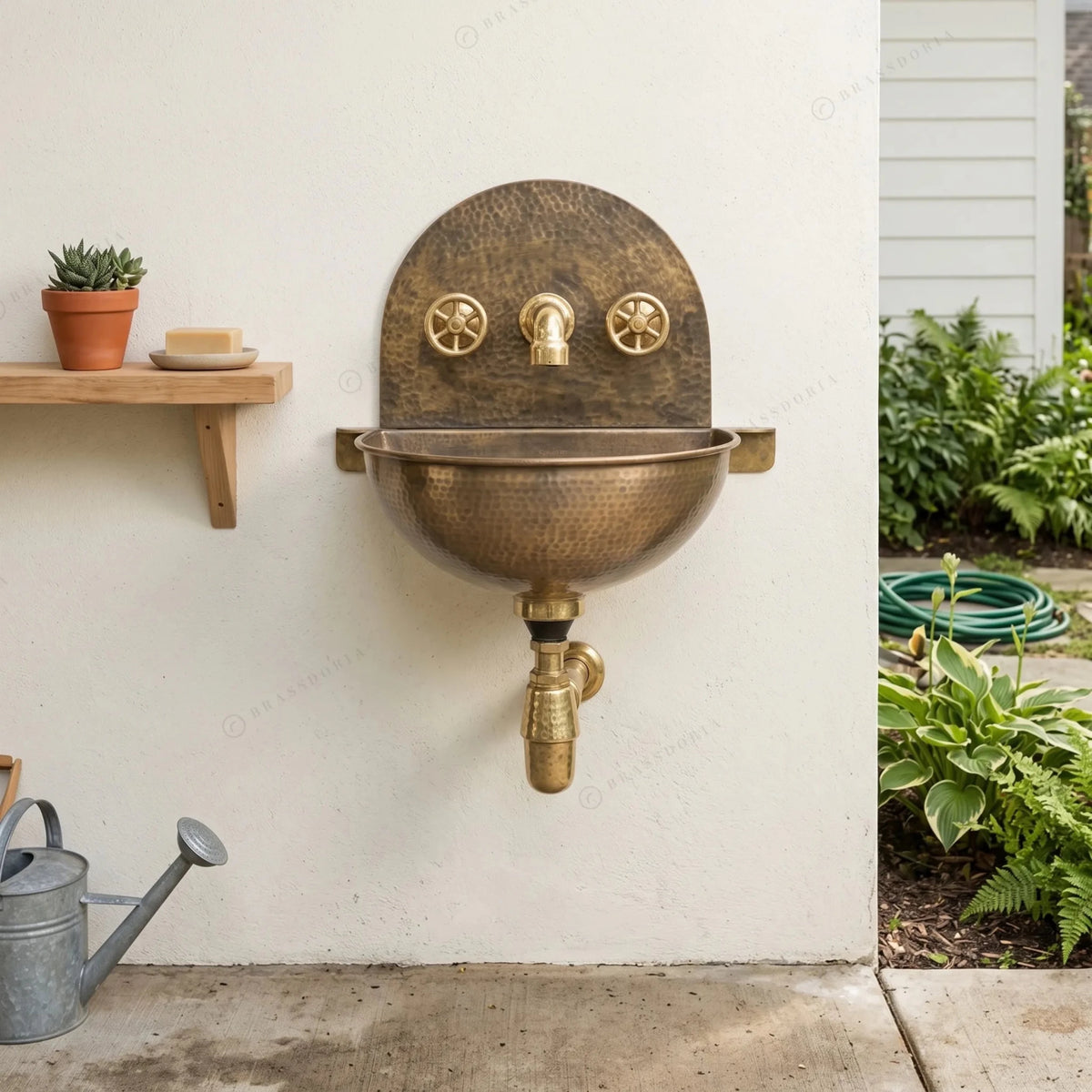Rustic Brass Wall Hung Sink with Traditional Faucet Set – Handmade Hammered Brass Basin - BRASSDORIA