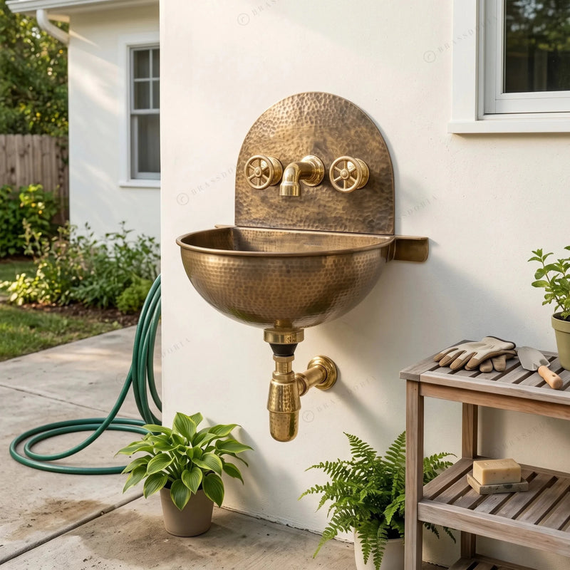 Rustic Brass Wall Hung Sink with Traditional Faucet Set – Handmade Hammered Brass Basin - BRASSDORIA