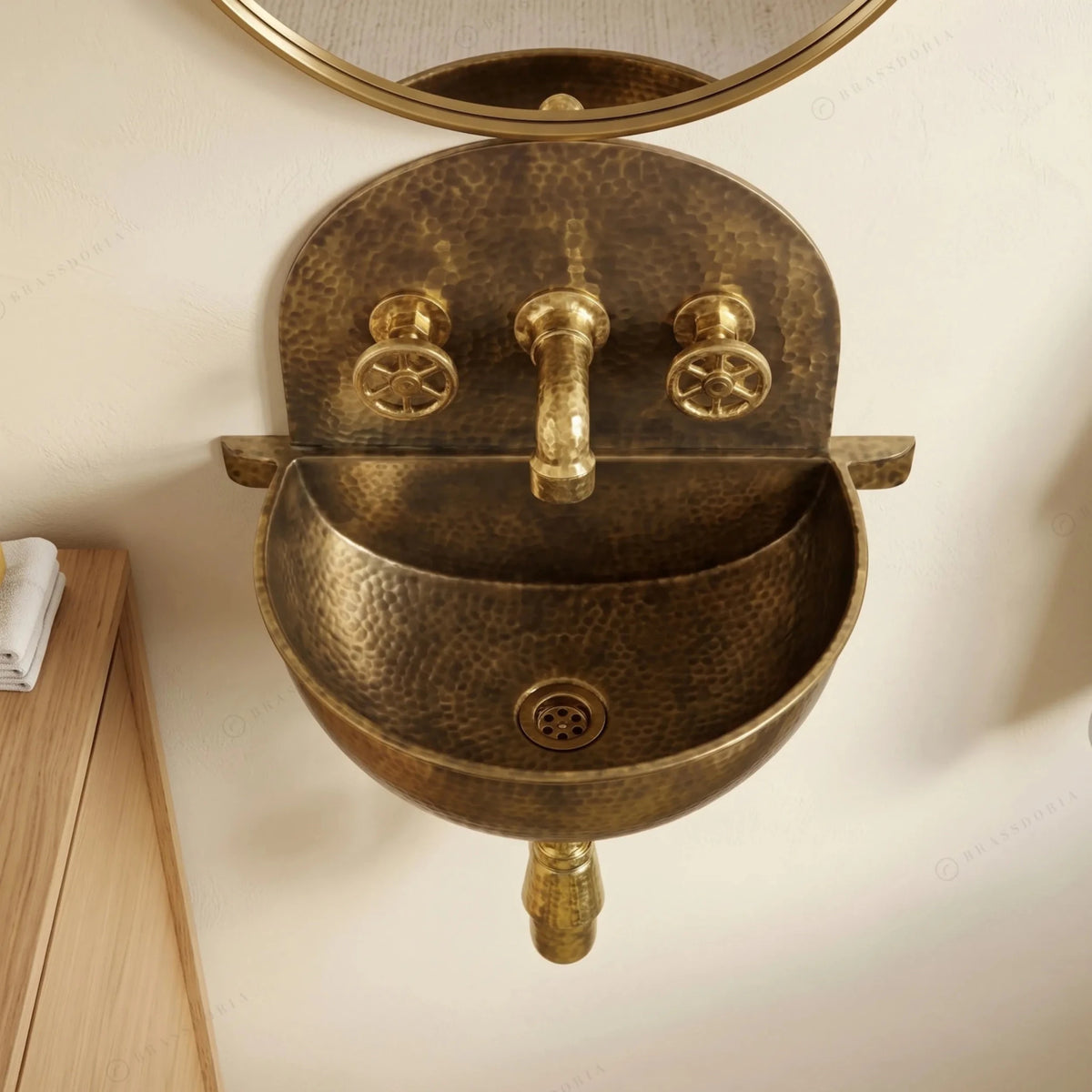 Rustic Brass Wall Hung Sink with Traditional Faucet Set – Handmade Hammered Brass Basin - BRASSDORIA
