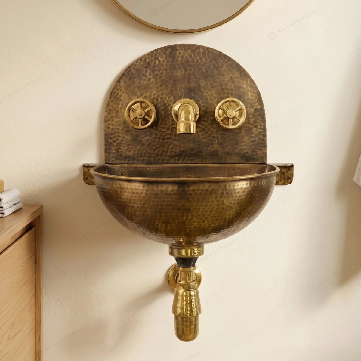 Rustic Brass Wall Hung Sink with Traditional Faucet Set – Handmade Hammered Brass Basin - BRASSDORIA