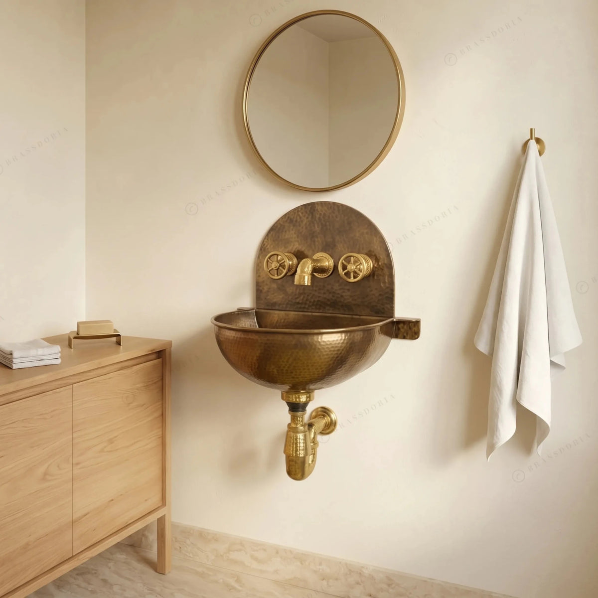 Rustic Brass Wall Hung Sink with Traditional Faucet Set – Handmade Hammered Brass Basin - BRASSDORIA