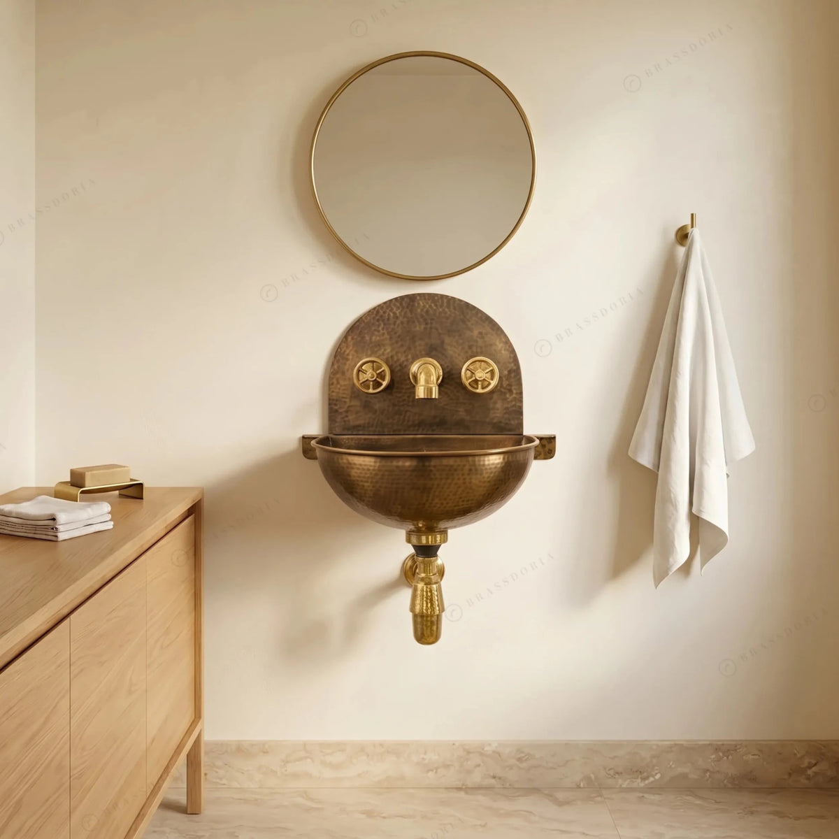 Rustic Brass Wall Hung Sink with Traditional Faucet Set – Handmade Hammered Brass Basin - BRASSDORIA