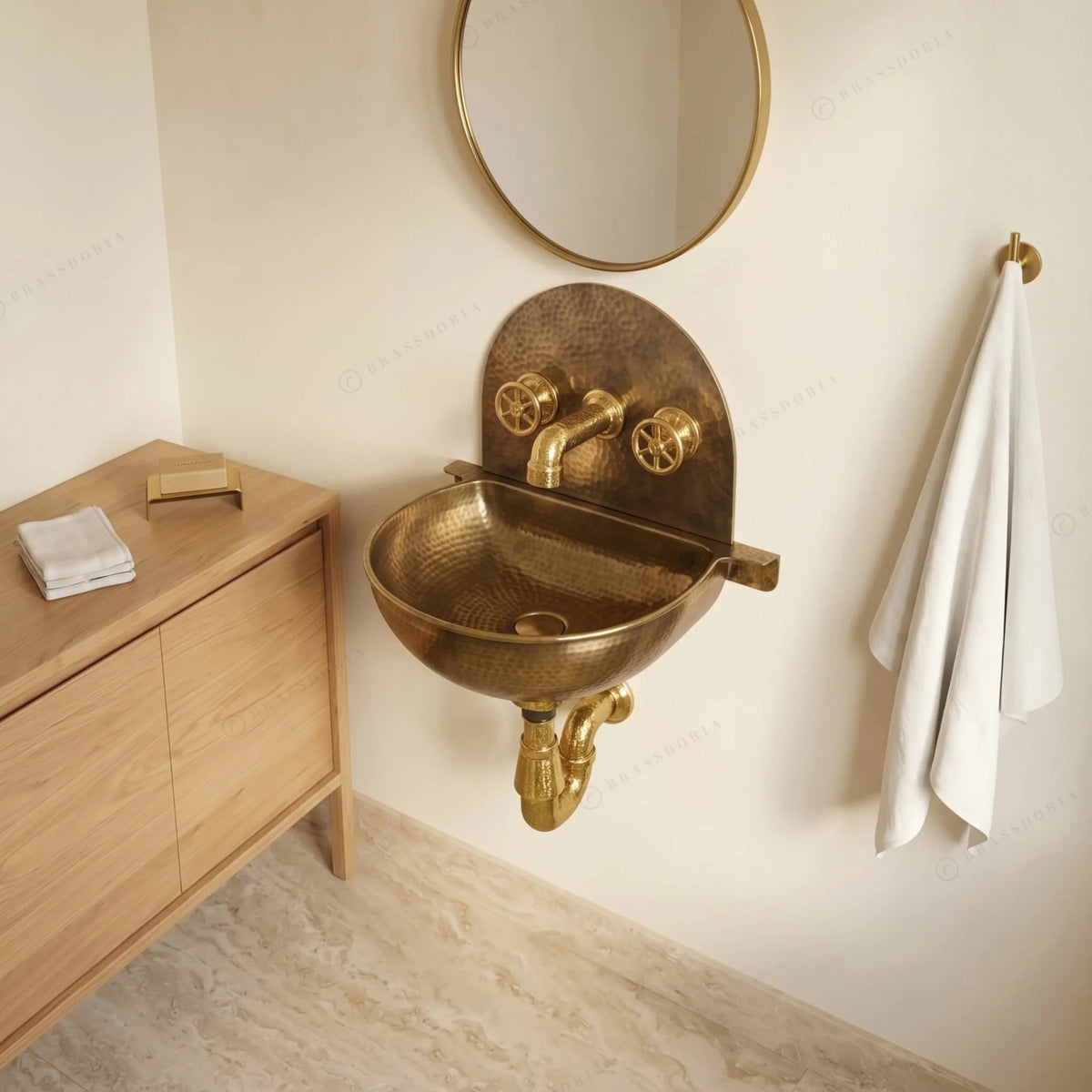 Rustic Brass Wall Hung Sink with Traditional Faucet Set – Handmade Hammered Brass Basin - BRASSDORIA
