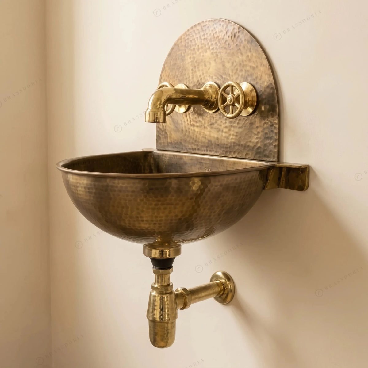 Rustic Brass Wall Hung Sink with Traditional Faucet Set – Handmade Hammered Brass Basin - BRASSDORIA
