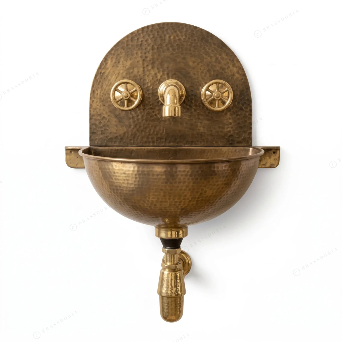 Rustic Brass Wall Hung Sink with Traditional Faucet Set – Handmade Hammered Brass Basin - BRASSDORIA