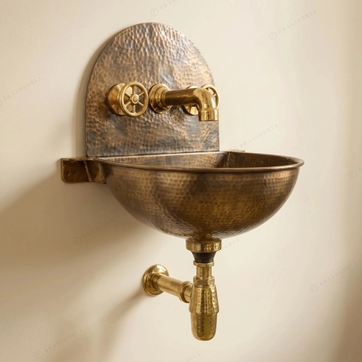 Rustic Brass Wall Hung Sink with Traditional Faucet Set – Handmade Hammered Brass Basin - BRASSDORIA