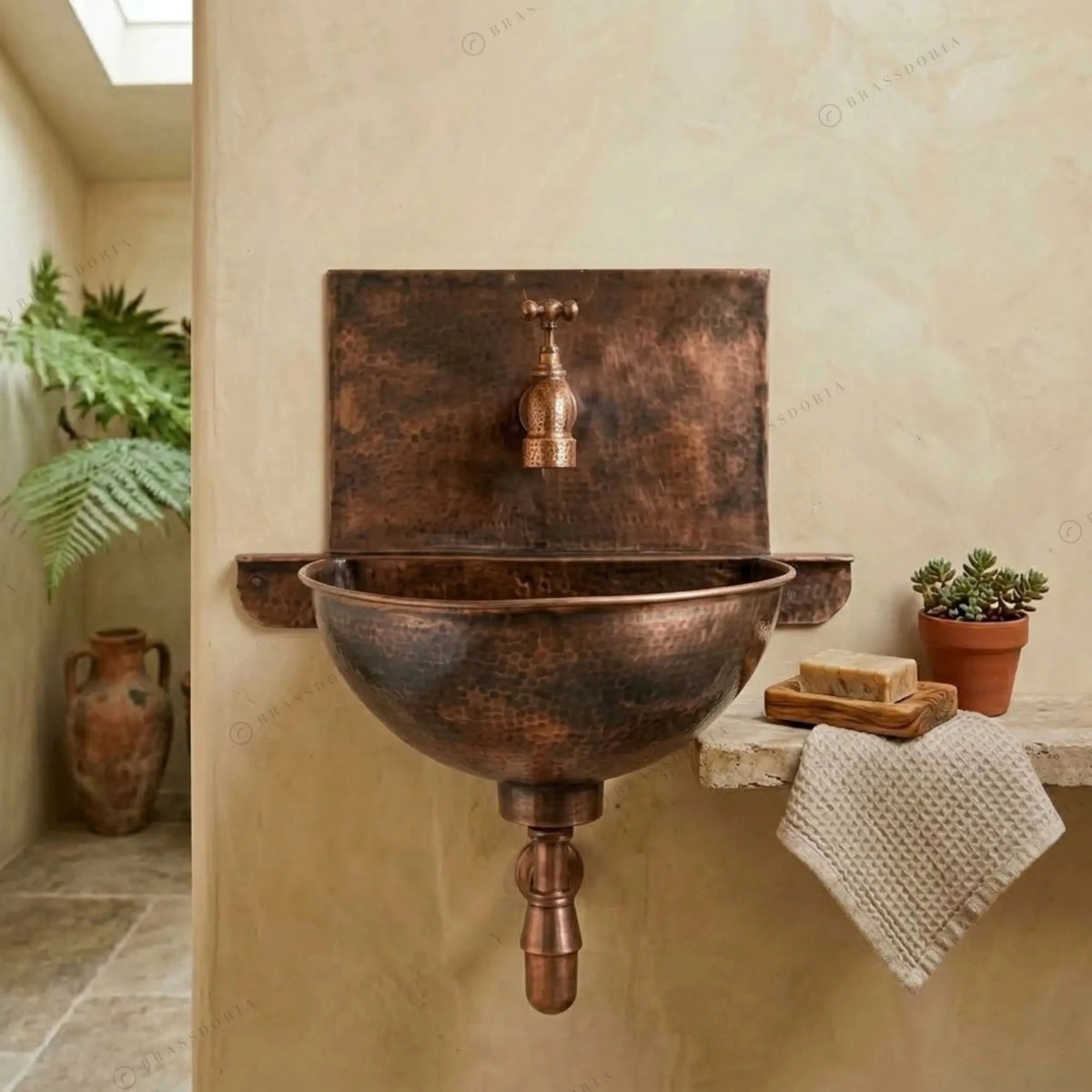 Rustic Copper Wall Mount Sink Bathroom – Handmade Fired Copper Basin with Faucet - BRASSDORIA