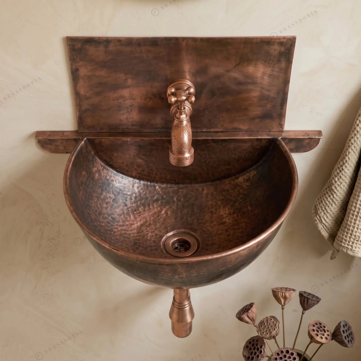 Rustic Copper Wall Mount Sink Bathroom – Handmade Fired Copper Basin with Faucet - BRASSDORIA
