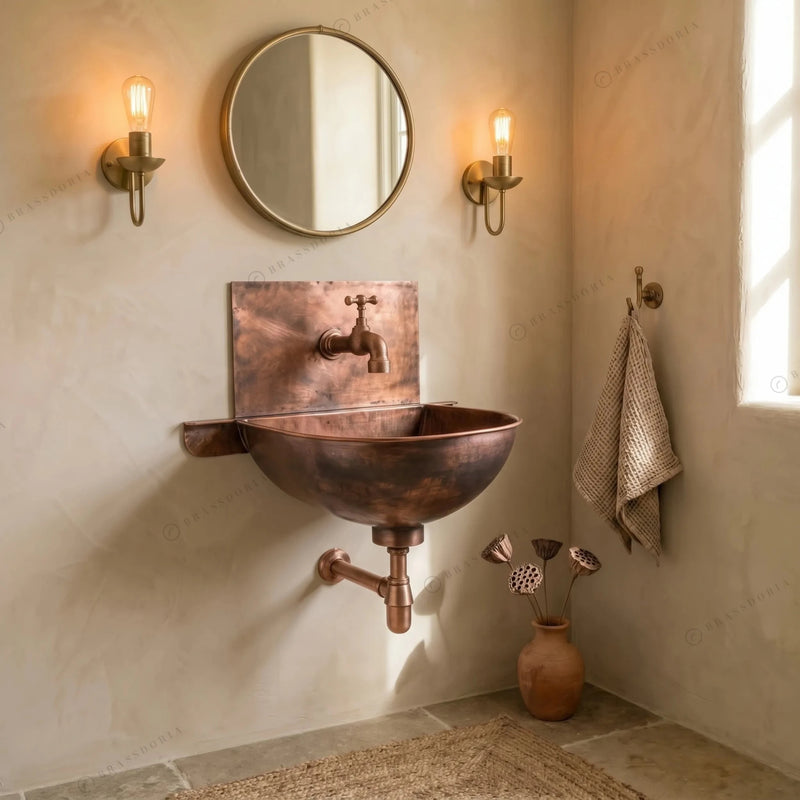 Rustic Copper Wall Mount Sink Bathroom – Handmade Fired Copper Basin with Faucet - BRASSDORIA