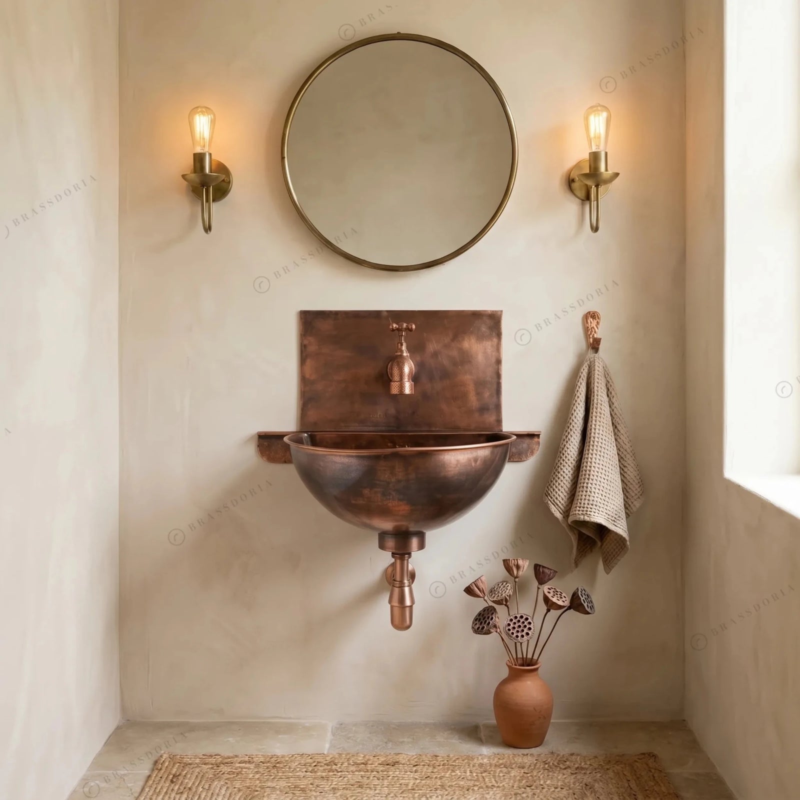 Rustic Copper Wall Mount Sink Bathroom – Handmade Fired Copper Basin with Faucet - BRASSDORIA