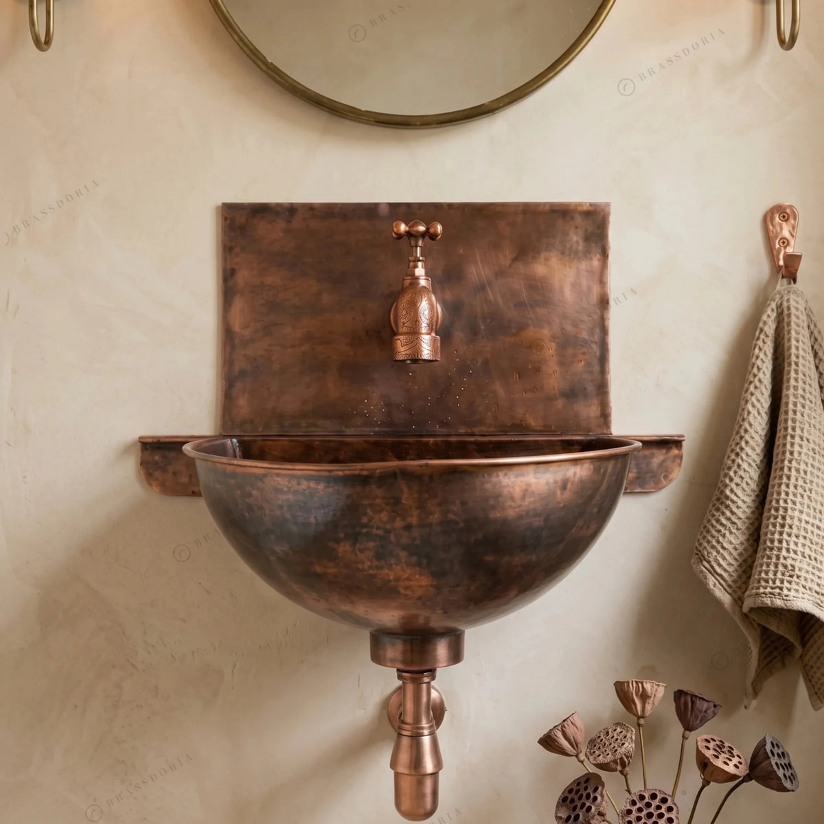 Rustic Copper Wall Mount Sink Bathroom – Handmade Fired Copper Basin with Faucet - BRASSDORIA