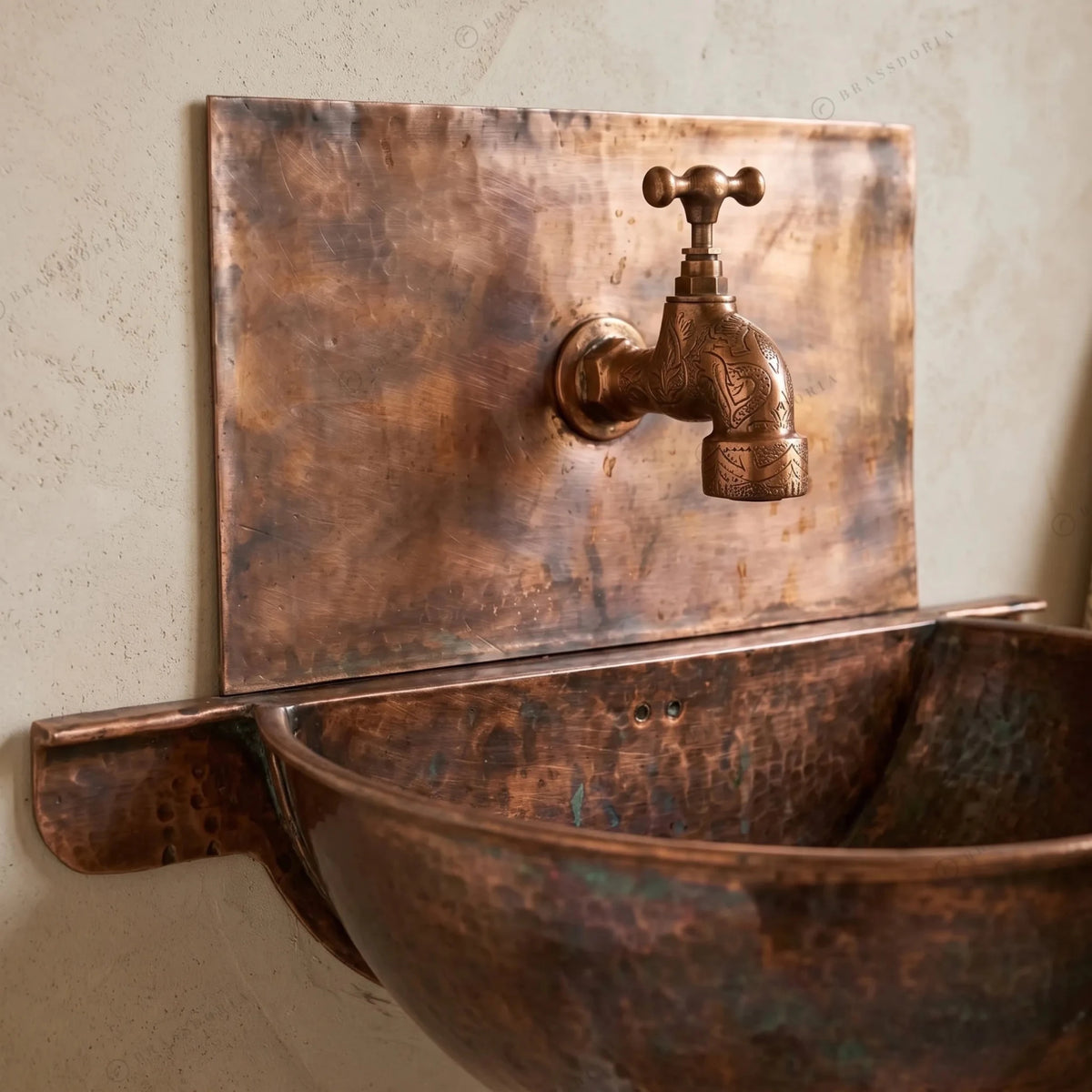 Rustic Copper Wall Mount Sink Bathroom – Handmade Fired Copper Basin with Faucet - BRASSDORIA