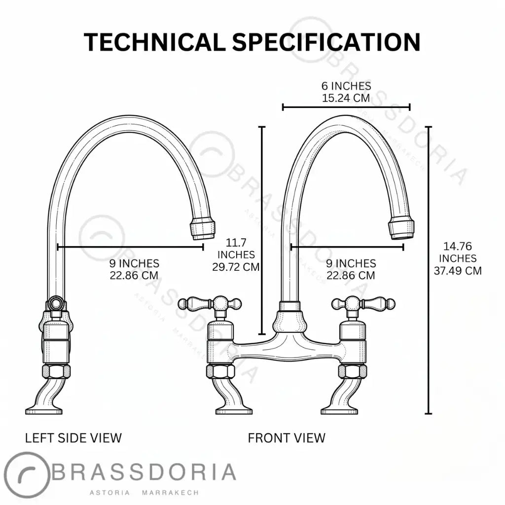 Schéma d'ingénierie et spécifications techniques détaillant les dimensions et la hauteur d'un mitigeur de cuisine bridge.