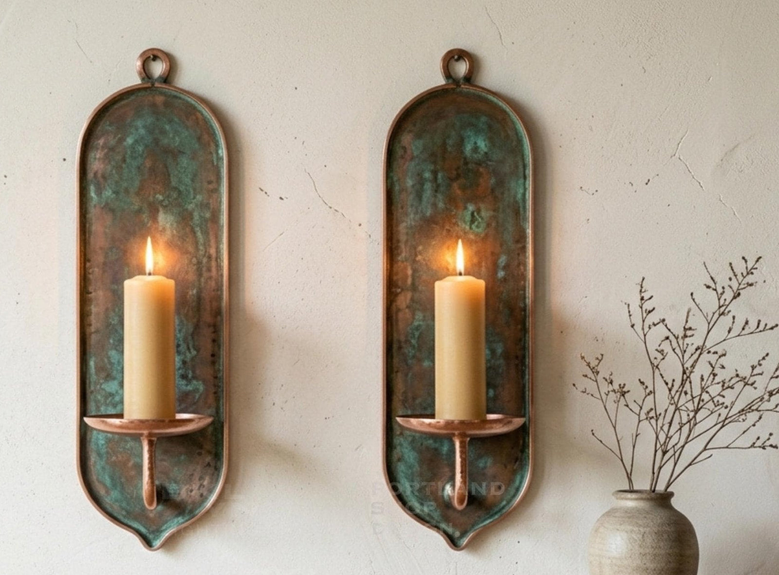 Set of 2 Green Patina Copper Arched Sconces – Handmade Brass Wall Candle Holders - BRASSDORIA