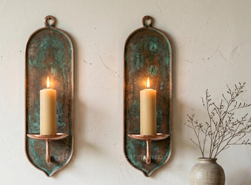 Set of 2 Green Patina Copper Arched Sconces – Handmade Brass Wall Candle Holders - BRASSDORIA