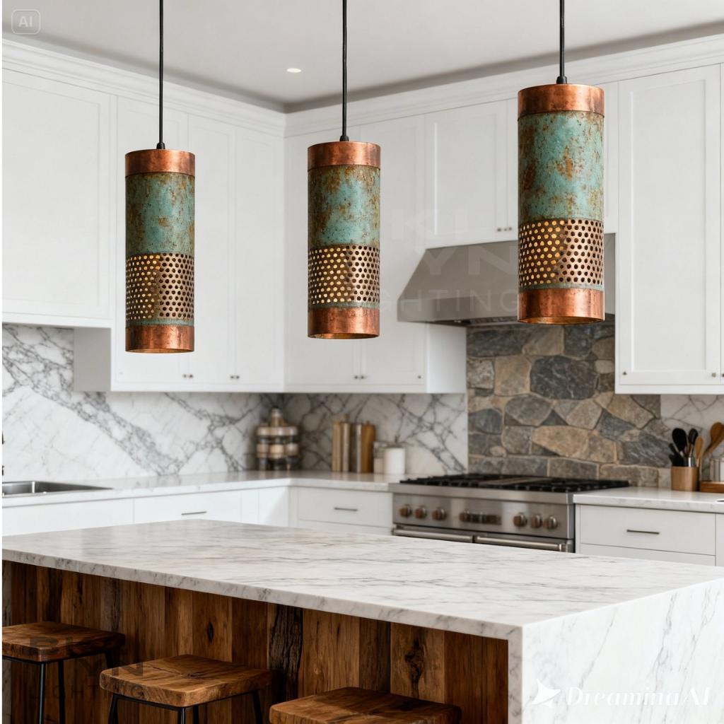 Set of 3 Copper Cylinder Pendant Lights – Kitchen Island Lighting - BRASSDORIA