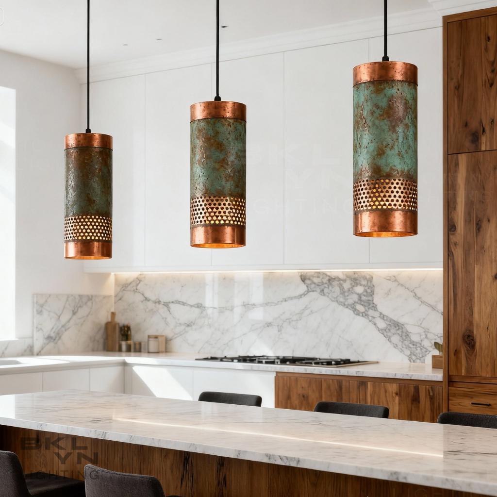 Set of 3 Copper Cylinder Pendant Lights – Kitchen Island Lighting - BRASSDORIA