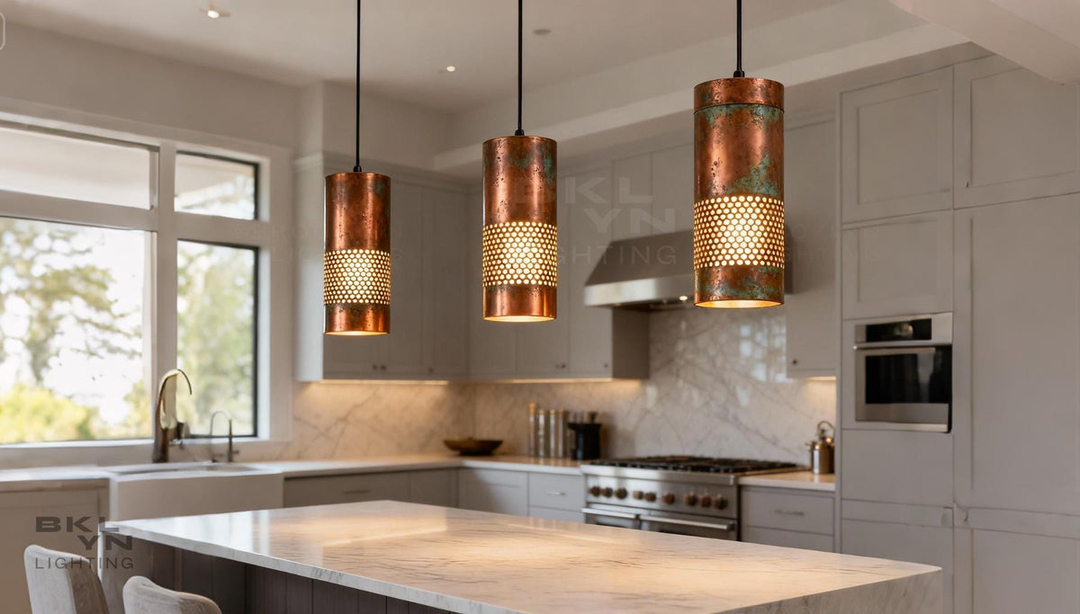 Set of 3 Copper Cylinder Pendant Lights – Kitchen Island Lighting - BRASSDORIA