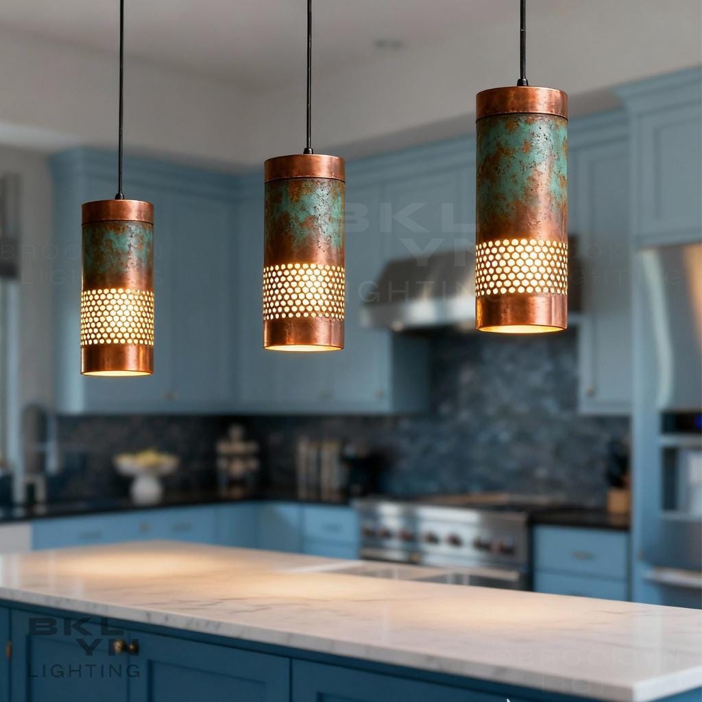 Set of 3 Copper Cylinder Pendant Lights – Kitchen Island Lighting - BRASSDORIA