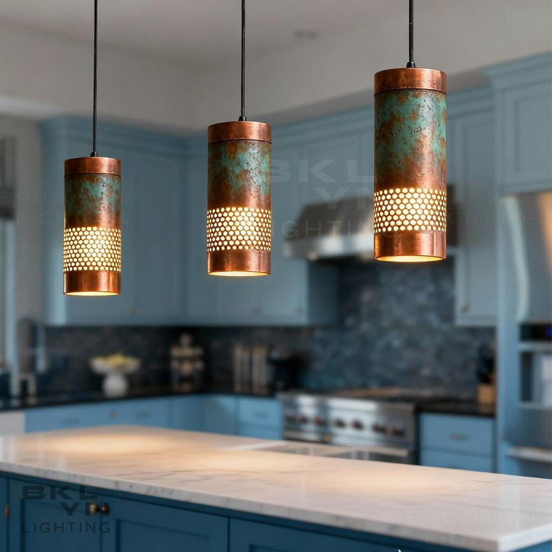 Set of 3 Copper Cylinder Pendant Lights – Kitchen Island Lighting - BRASSDORIA