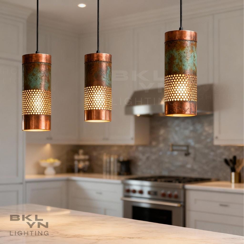 Set of 3 Copper Cylinder Pendant Lights – Kitchen Island Lighting - BRASSDORIA