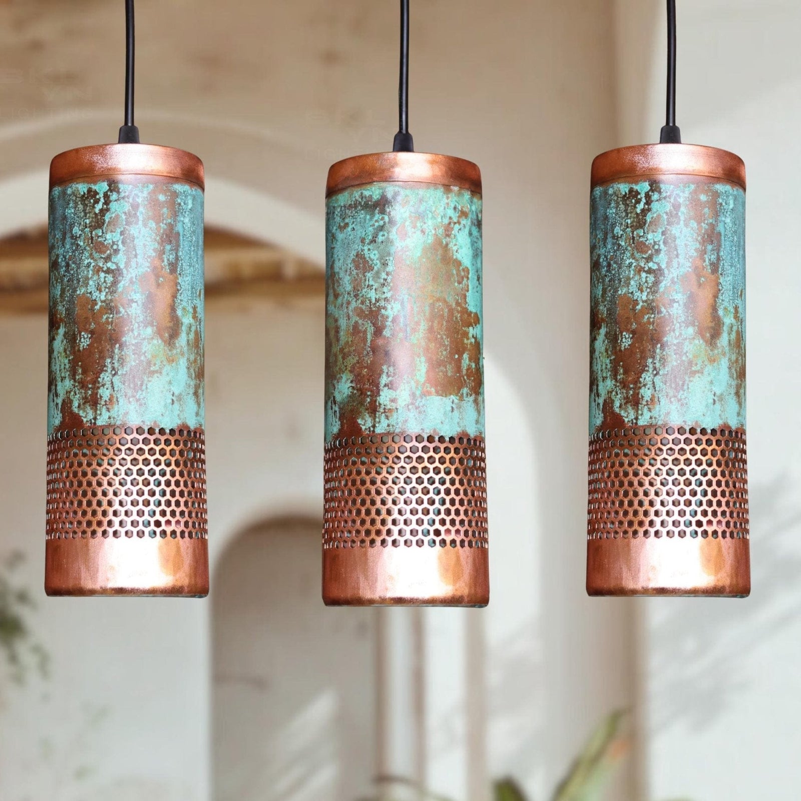 Set of 3 Green Patina Copper Pendant Lights – Kitchen Island Lighting – Rustic Moroccan Hanging Lamp – Vintage Ceiling Light Fixture - Brassdoria