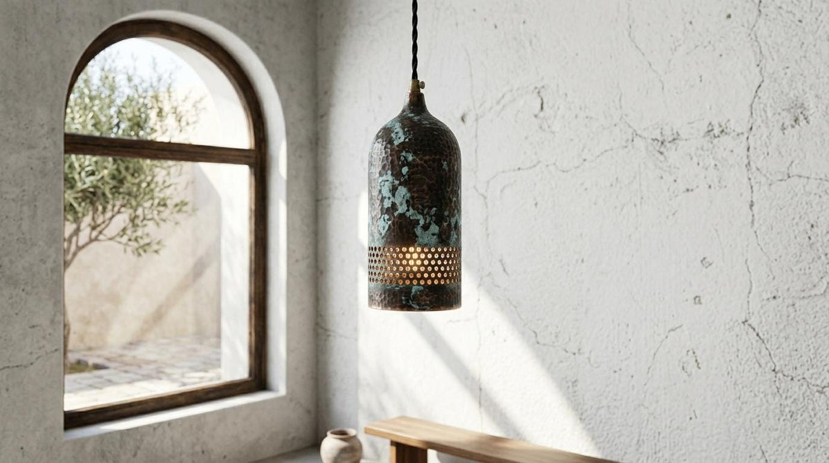 Set of 3 Hammered Copper Teardrop Pendant Lights – Green Patina Hanging Lamps – Rustic Kitchen Island Lighting – Sculptural Ceiling Fixtures - BRASSDORIA