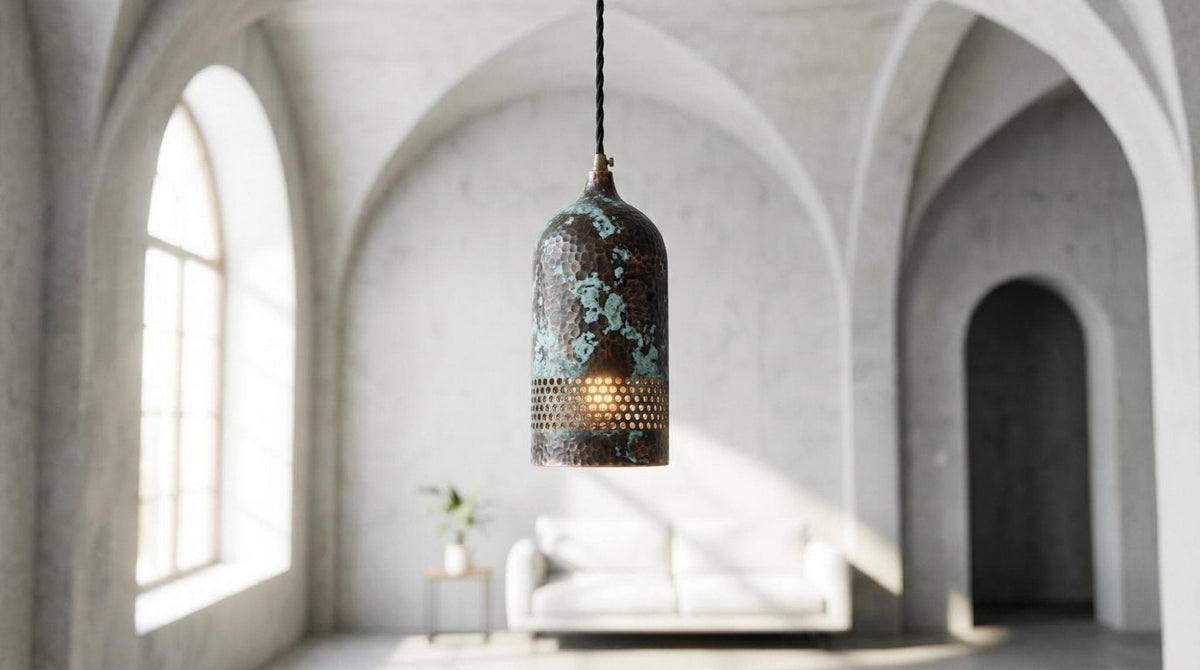 Set of 3 Hammered Copper Teardrop Pendant Lights – Green Patina Hanging Lamps – Rustic Kitchen Island Lighting – Sculptural Ceiling Fixtures - BRASSDORIA