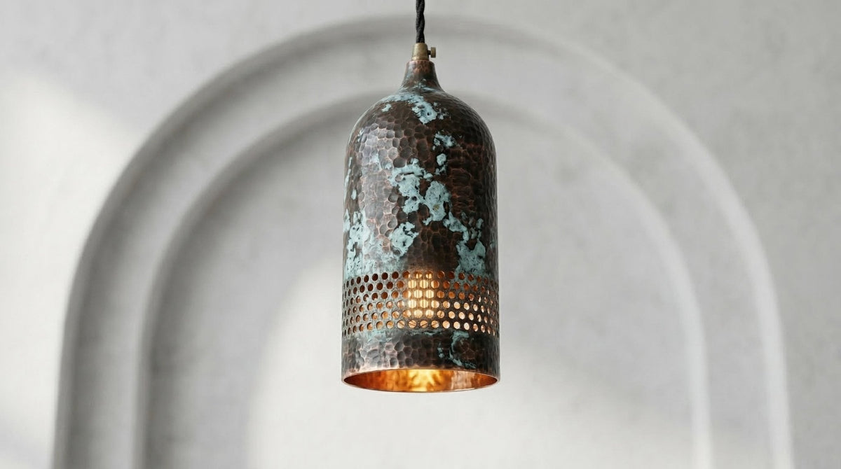Set of 3 Hammered Copper Teardrop Pendant Lights – Green Patina Hanging Lamps – Rustic Kitchen Island Lighting – Sculptural Ceiling Fixtures - BRASSDORIA