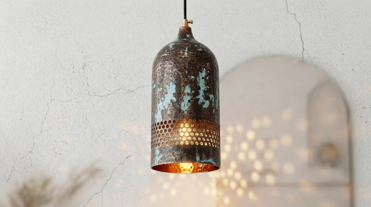 Set of 3 Hammered Copper Teardrop Pendant Lights – Green Patina Hanging Lamps – Rustic Kitchen Island Lighting – Sculptural Ceiling Fixtures - BRASSDORIA