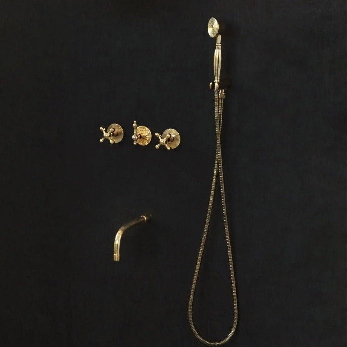 Solid Brass 2 outlet Shower - Unlacquered Brass Handheld with Tub filler - BRASSDORIA