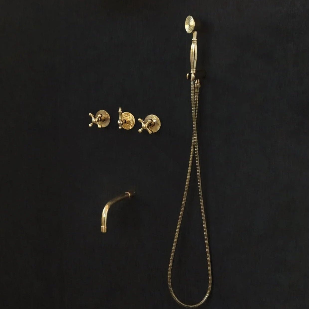 Solid Brass 2 outlet Shower - Unlacquered Brass Handheld with Tub filler - BRASSDORIA