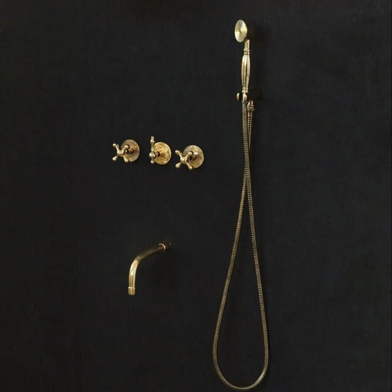 Solid Brass 2 outlet Shower - Unlacquered Brass Handheld with Tub filler - BRASSDORIA