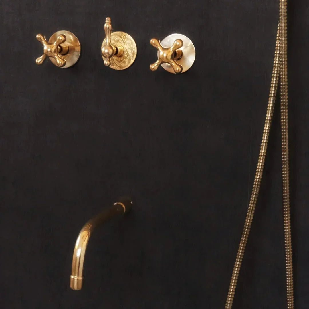 Solid Brass 2 outlet Shower - Unlacquered Brass Handheld with Tub filler - BRASSDORIA