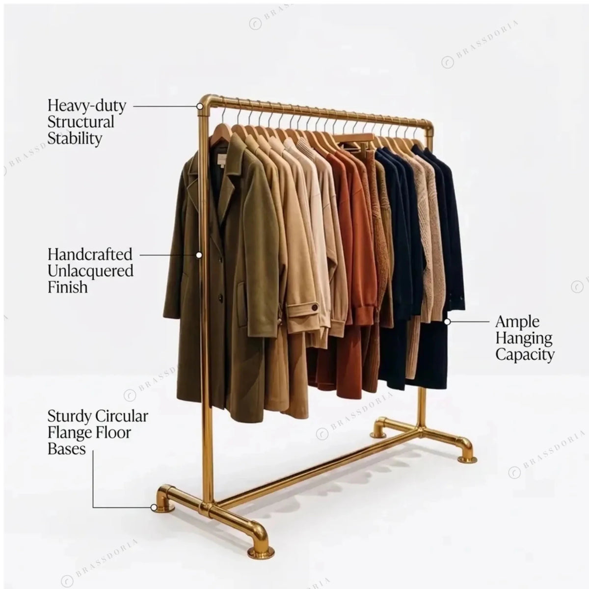 Solid Brass Clothing Rack – Freestanding Pipe Garment Rack in 7 Finishes - BRASSDORIA
