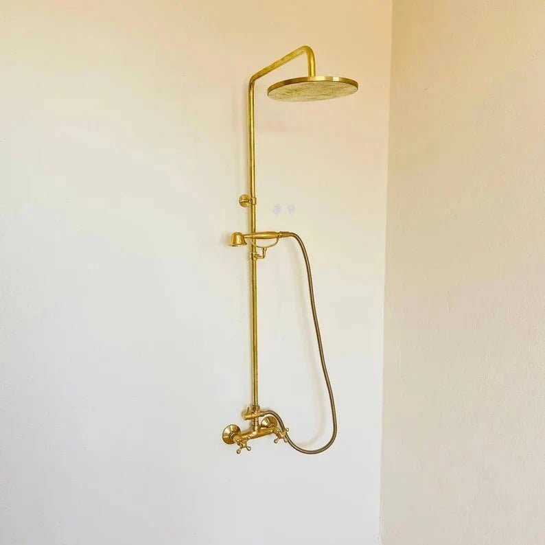 Solid Brass Exposed Shower System Wall Mounted Rainfall Shower with Handheld - BRASSDORIA