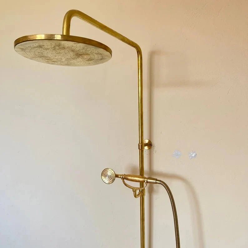 Solid Brass Exposed Shower System Wall Mounted Rainfall Shower with Handheld - BRASSDORIA