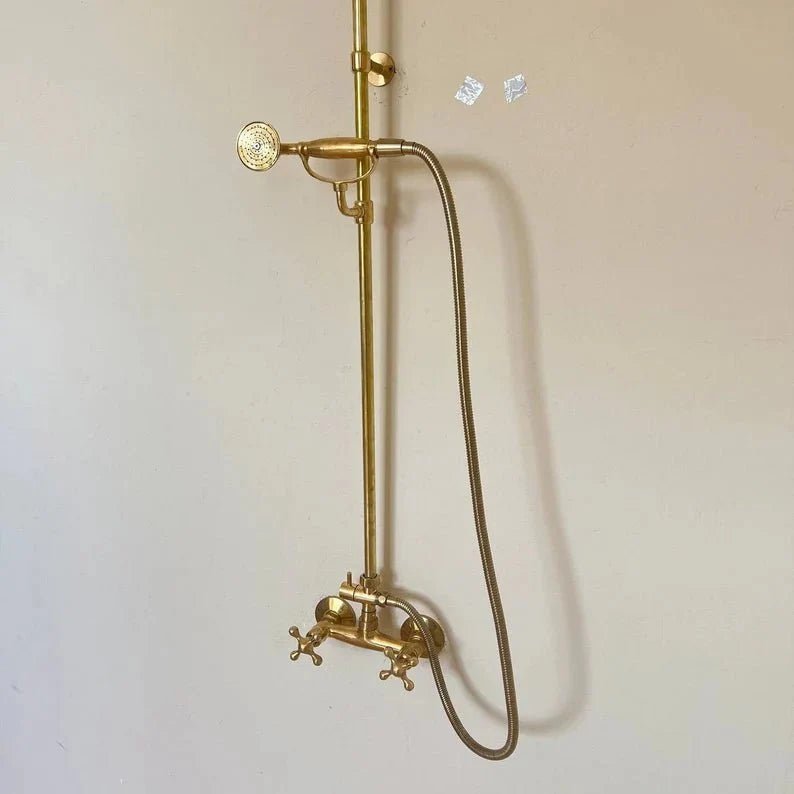 Solid Brass Exposed Shower System Wall Mounted Rainfall Shower with Handheld - BRASSDORIA
