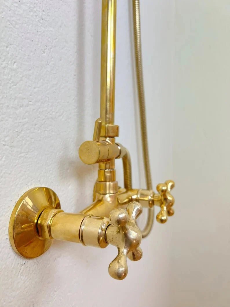 Solid Brass Exposed Shower System Wall Mounted Rainfall Shower with Handheld - BRASSDORIA