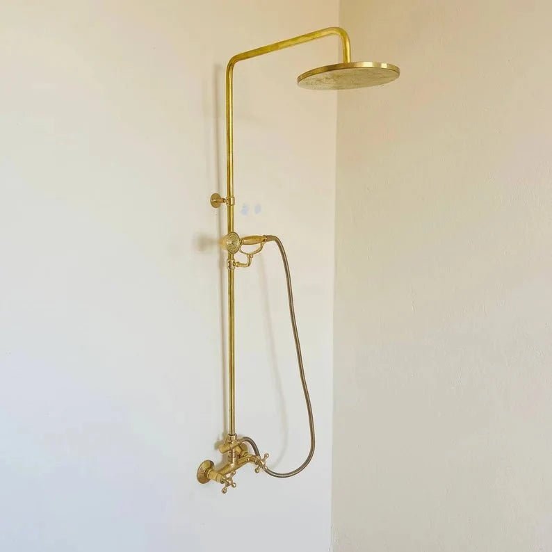 Solid Brass Exposed Shower System Wall Mounted Rainfall Shower with Handheld - BRASSDORIA