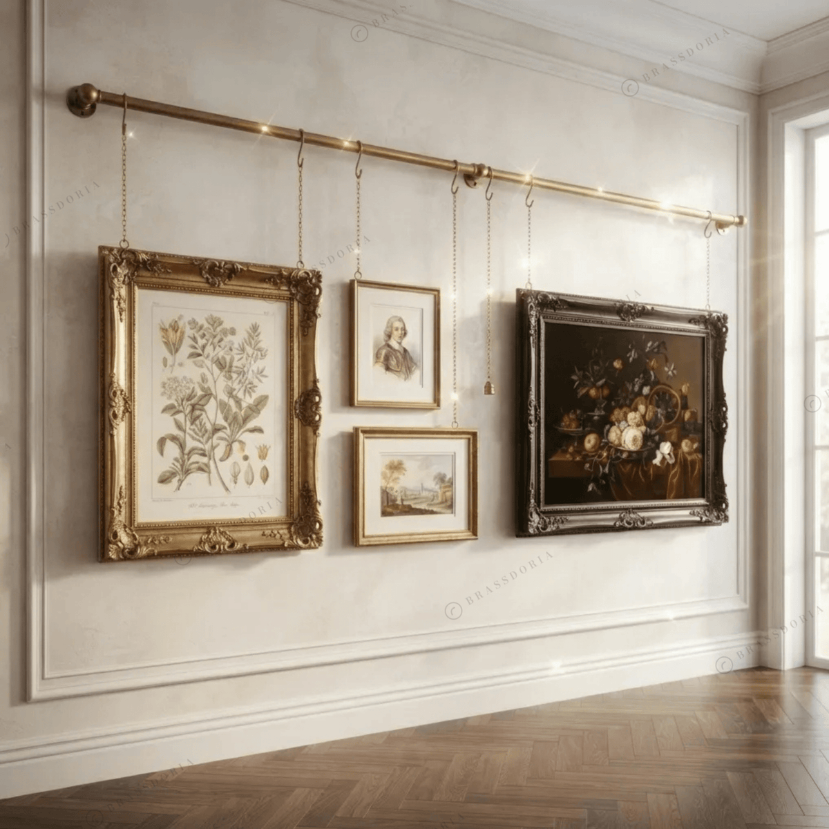Solid Brass Picture Rail System – Gallery Wall Hanging Kit - BRASSDORIA