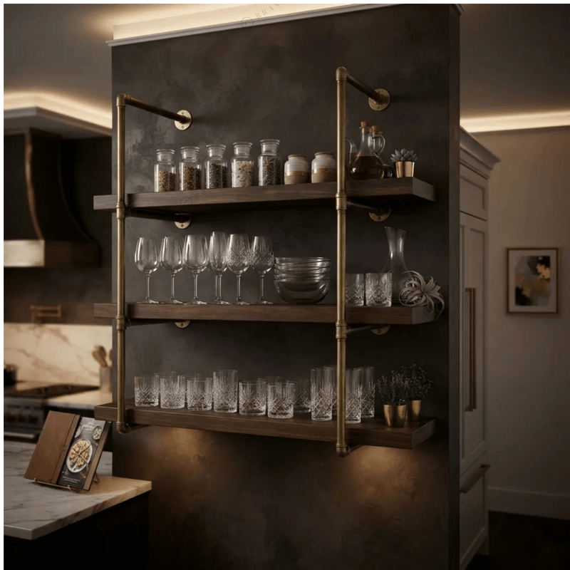 Solid Brass Pipe Shelving Unit – Wall-Mounted Frame, 2 to 6 Tiers - BRASSDORIA