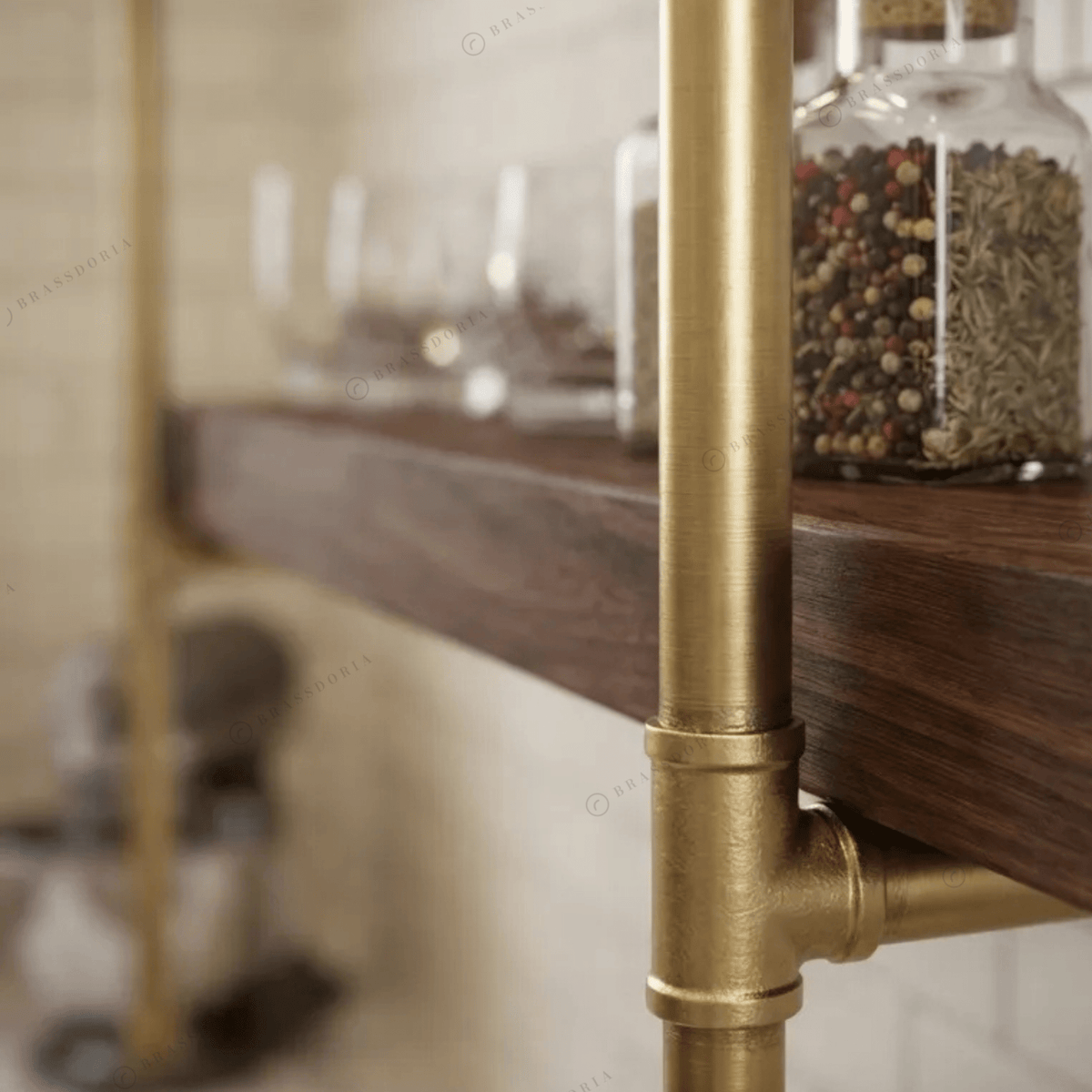 Solid Brass Pipe Shelving Unit – Wall-Mounted Frame, 2 to 6 Tiers - BRASSDORIA