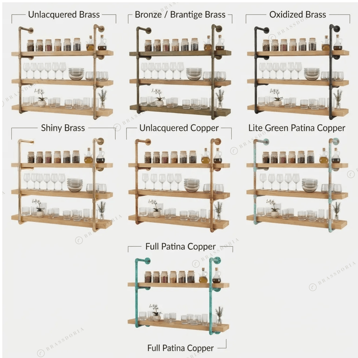 Solid Brass Pipe Shelving Unit – Wall-Mounted Frame, 2 to 6 Tiers - BRASSDORIA